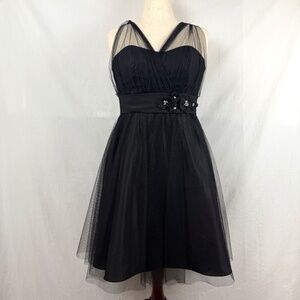 HOMECOMING! Alfred Angelo Black Tulle Whimsigoth Dress Crystal Flowers Waist LBD